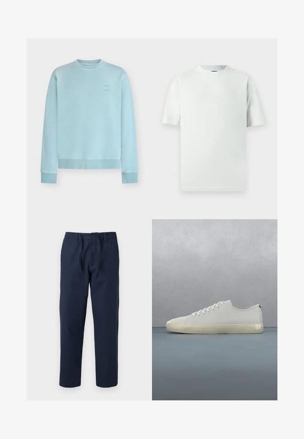 Sweatshirt bleu clair à col rond avec poignets et ourlet côtelés, avec un petit texte discret sur la partie supérieure de la poitrine.; T-shirt en coton vert clair avec coupe décontractée, manches courtes et col rond côtelé. Sans motifs ni accents supplémentaires.; Pantalon bleu marine droit avec taille élastique, fermeture par bouton et cordon à l'avant, adapté pour un usage décontracté.; Baskets en cuir blanc avec lacets flottant au-dessus de carreaux en bois carrés et de petits cailloux, avec un arbre et un fond gris.