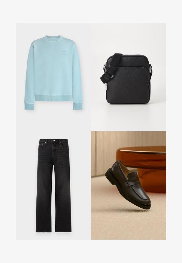 Sweatshirt bleu clair à col rond avec poignets et ourlet côtelés, avec un petit texte discret sur la partie supérieure de la poitrine.; Jean noir droit avec cinq poches, passants pour ceinture et fermeture par bouton, présenté sur un fond blanc.; Mocassin en cuir noir flottant au-dessus d'un tapis beige avec des meubles arrondis marron en arrière-plan.; Sac bandoulière en cuir noir avec une surface texturée, doté d'une poche zippée à l'avant, d'une bandoulière ajustable et d'accents en métal.