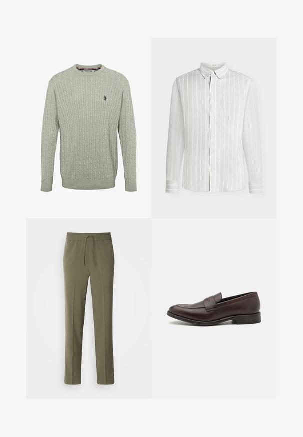 Pull en maille gris clair avec un motif en relief, col rond et poignets côtelés. Logo brodé sur la poitrine gauche.; Chemise blanche à manches longues avec des rayures verticales gris clair et une poche poitrine unique, présentée sur un fond uni.; Pantalons légers couleur vert olive avec une taille élastique et un cordon de serrage réglable ; design à jambe droite et texture lisse.; Mocassin en cuir marron avec une finition lisse, des détails couture sur le bout et un petit talon empilé. Design minimaliste sans aucune marque visible.