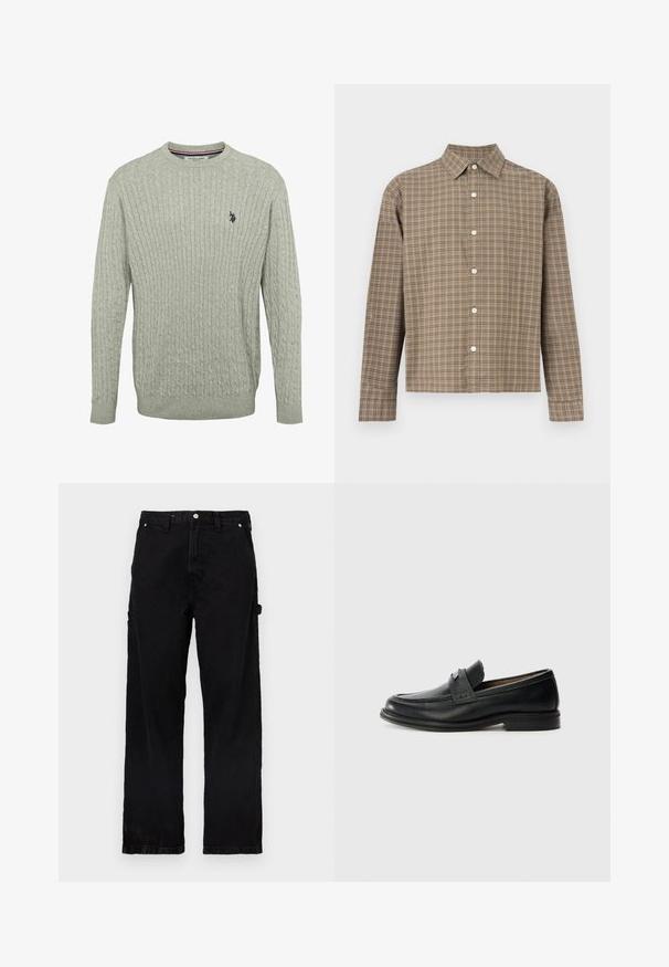 Lys grå strikket sweater med kabelmønster, rund halsudskæring og ribbede ærmer. Broderet logo på venstre bryst.; Langærmet skjorte med knapper, i brunt og beige ternet mønster, klassisk krave og hvide knapper ned foran.; Sorte denimbukser med lige ben, der har knap- og lynlås-lukning, sidelommer og subtile teksturvariationer.; Sorte læder loafers med en glat finish, der har et tekstureret øverste bånd, lav hæl og minimale syninger.