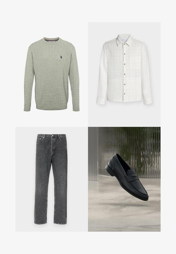 Lys grå strikket sweater med kabelmønster, rund halsudskæring og ribbede ærmer. Broderet logo på venstre bryst.; Langærmet hvid tekstureret skjorte med knapper, krave og en enkelt brystlomme, fuldt knappet foran.; Grå denim jeans med lige pasform, der har fem lommer, en frontlukning med knap og kontrasterende syninger langs sømmene.; Sort læderloafer med glat finish, spids tå og sømdetaljer over vristen. Lav hæl og minimalistisk design.