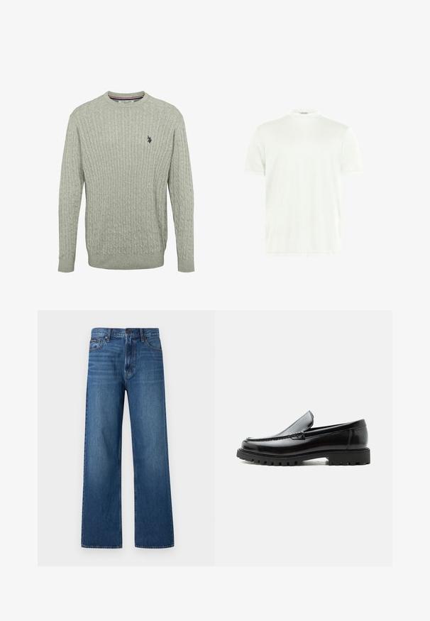 Lys grå strikket sweater med kabelmønster, rund halsudskæring og ribbede ærmer. Broderet logo på venstre bryst.; Hvid crewneck T-shirt lavet af blødt stof. Korte ærmer, uden mønstre. Simpelt design med lige kant og minimal detaljer.; Blå, højtaljede, straight-fit jeans med knapper og lynlås foran, fem lommer og en lille mærket patch på højre lomme.; Sort læderloafer med chunky gummisål, syet overdel og præget mærkenavn på hælen, vist i sideprofil på hvid baggrund.