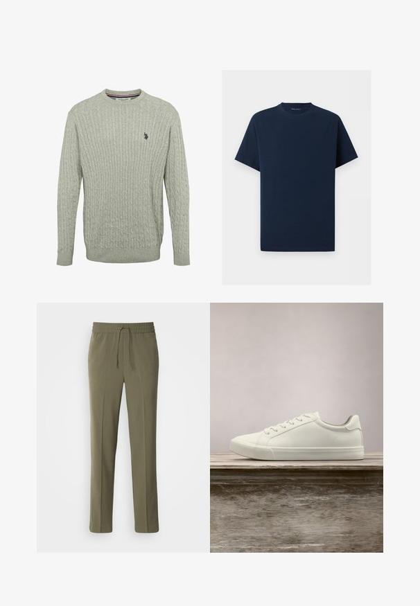 Lys grå strikket sweater med kabelmønster, rund halsudskæring og ribbede ærmer. Broderet logo på venstre bryst.; Enkelt mørkeblåt T-shirt med korte ærmer og rund hals på hvid baggrund, der viser forfra uden synlige logoer eller designs.; Olivengrønne, letvægtsbukser med elastisk talje og justerbar snor; lige ben design og glat tekstur.; Hvide snørresneakers svævende over en træbænk med grønne planter i baggrunden, der fremhæver skodesign og tekstur.