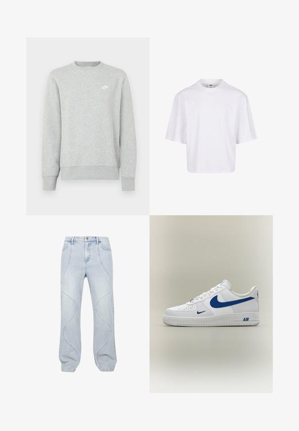 Grauer Sweatshirt aus weichem Fleece-Material, mit gerippten Bündchen und Saum sowie einem kleinen weißen Nike-Logo auf der Brust.; Weißes Kurzarm-T-Shirt mit Rundhalsausschnitt und lockerer Passform, gefertigt aus einem glatten Baumwollmischgewebe. Keine Muster oder Verzierungen.; Hellblaue Jeans aus Denim mit geschwungenen Steppnähten, einem Knopfverschluss und einer lässigen Passform. Der Stoff hat eine glatte Textur mit einer leichten Ausbleichung.; Weißer Nike Air Force 1 Sneaker mit blauen Swoosh-Logos und "AIR" Text auf der Sohle, seitlich auf neutralem Hintergrund gezeigt.