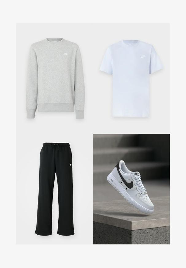 Grijze sweatvest gemaakt van zacht fleece materiaal, met geribde manchetten en zoom, en een klein wit Nike-logo op de borst.; Lichtblauwe katoenen t-shirt met korte mouwen, ronde hals en een wit Nike-logo gedrukt op de linkerborst. Glad textuur, eenvoudig ontwerp.; Zwarte sweatpants van zachte stof, met een elastische tailleband met verstelbaar trekkoord en een klein logoaccent aan de zijkant.; Witte Nike Air Force 1 sneaker met zwart swoosh-logo, zwevend boven een betonnen richel met vervaagde trappen op de achtergrond.