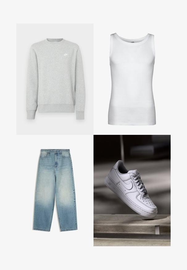 Grijze sweatvest gemaakt van zacht fleece materiaal, met geribde manchetten en zoom, en een klein wit Nike-logo op de borst.; Witte ribgebreide mouwloze tanktop met ronde halslijn en rechte zoom, getoond op een effen achtergrond.; Lichtblauwe jeans met hoge taille en brede pijpen, met een verweerde wassing, sluiting met knopen aan de voorkant en ontwerp met vijf zakken.; Witte Nike Air Force 1 sneaker van leer met geperforeerde neus, platte veters en een gestructureerde rubberen zool met "AIR"-logo aan de zijkant.