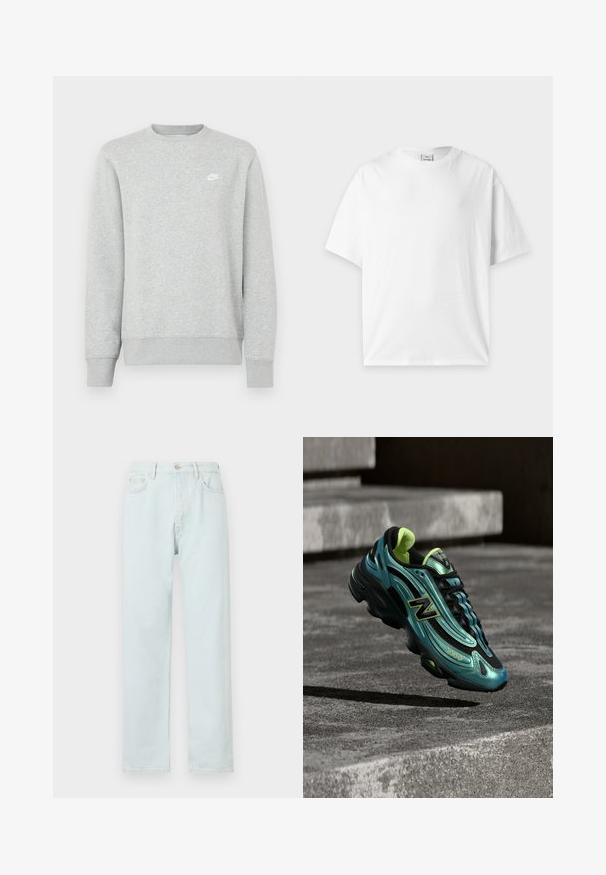 Grijze sweatvest gemaakt van zacht fleece materiaal, met geribde manchetten en zoom, en een klein wit Nike-logo op de borst.; Effen witte T-shirt met korte mouwen en ronde hals, plat gelegd op een lichtgrijze achtergrond.; Lichtblauwe rechte jeans van denim, met knoopsluiting, subtiele slijtage en een vijf-pocketontwerp.; Teal en zwarte New Balance sneaker met gele accenten die zweeft boven een betonnen trap buiten.