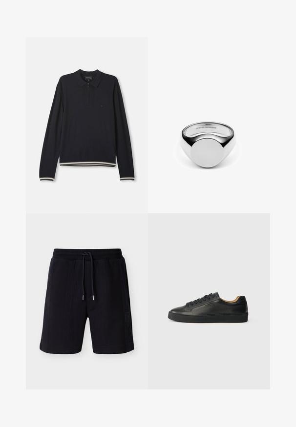 Tumedast vaherõivaste polo-sweater poolkäärega, soonikkoes käised, triibuline ääreosa ja väike tikandiga logo rinnal.; Tumesinised tekstuuriga lühikesed püksid, millel on nööriga vöökoht, küljetaskud ja vasakul küljel väike logomärk. Keskmise reie pikkusega.; Mustad mustade nahast madalad sneakersid tekstureeritud pinnaga, mustade paeltega ja paksu kummitaldaga, kujutatud külgvaates heledal taustal.; Hõbe rõngas sujuva ja ümarate kujunditega. Omab tasast, ümmargust tipptaset ja poleeritud servi. Peegelduv pind suurendab visuaalset mõju.