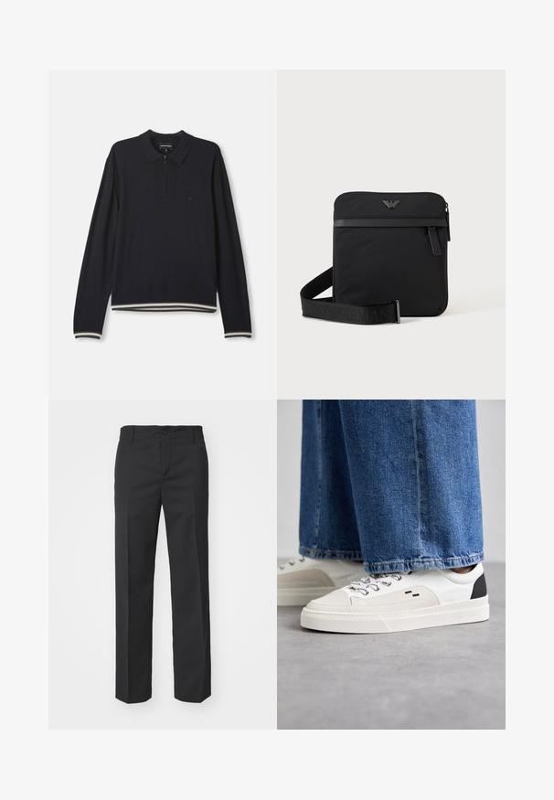 Marineblaues Langarm-Polohemd mit halben Reißverschluss, gerippten Bündchen, gestreiftem Saum und kleinem gesticktem Logo auf der Brust.; Filippa K TROY TROUSERS - Stoffhose - black; Weiße und schwarze Sneaker mit einem Obermaterial aus glattem Leder, strukturierten Akzenten und einer massiven weißen Sohle. Verfügt über ein klassisches Schnürdesign.; Schwarze quadratische Schultertasche mit Reißverschluss, Vordertasche und verstellbarem Riemen mit eingeprägtem Markennamen.