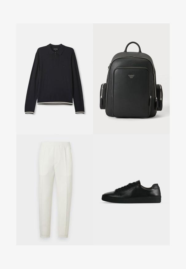 Tumedast vaherõivaste polo-sweater poolkäärega, soonikkoes käised, triibuline ääreosa ja väike tikandiga logo rinnal.; Valged kitsad püksid elastse vöökohaga, millel on kaks küljetaskut ja siledapindne, veidi läikiv tekstuur.; Mustad madala säärega nahast tossud mustade paelte ja paksu musta tallaga, näidatud külgvaates heledal hallil taustal.; Must seljakott hõbedaste lukkude, eesmiste ja küljetaskutega ning väikese hõbedase Armani kotkalogoga ees keskel.
