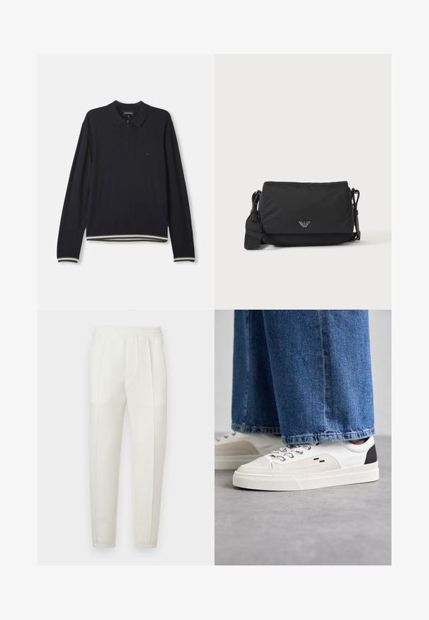 Marineblauw polo sweater met lange mouwen en halve rits, geribbelde manchetten, gestreepte zoom en een klein geborduurd logo op de borst.; Witte slim-fit broek met een elastische tailleband, voorzien van twee zijzakken en een gladde, licht glanzende textuur.; Witte en zwarte sneakers met een glad leren bovenwerk, textuuraccenten en een chunky witte zool. Heeft een klassiek vetersluiting ontwerp.; Zwarte crossbodytas met verstelbare band en klein zilverkleurig logo-embleem op de voorflap, afgebeeld op een effen lichte achtergrond.