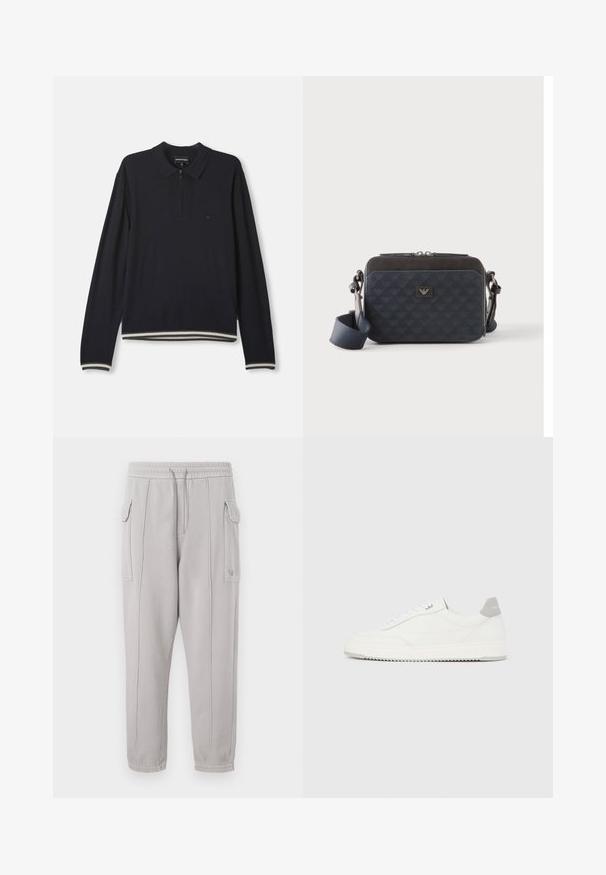 Suéter de polo de manga larga en color navy con media cremallera, puños acanalados, dobladillo a rayas y pequeño logo bordado en el pecho.; Pantalones de chándal gris con cintura elástica, bolsillos laterales y detalles cosidos que corren verticalmente a lo largo de las piernas. Textura de mezcla de algodón.; Zapatilla blanca de corte bajo con pestaña en el talón gris, cordones blancos y suela texturizada, presentada sobre un fondo claro y liso.; Bolso bandolera rectangular de color azul oscuro con correa ajustable, cierre de cremallera y un sutil patrón de logo en el panel frontal.
