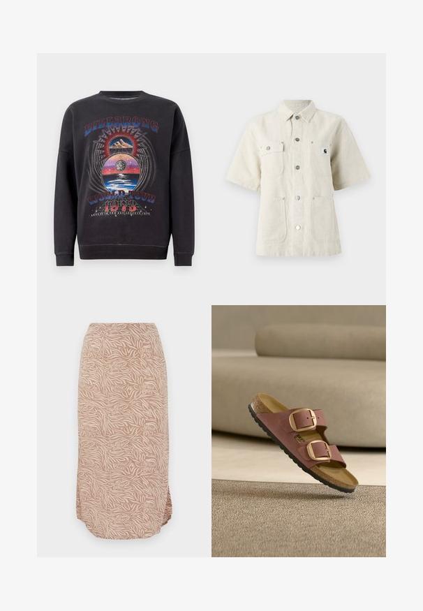 Sort sweatshirt med et grafisk design, der har teksten "BILLABONG WORLD TOUR 1973", bjerge og himmelske elementer i flere farver.; Kortærmet skjorte i lys beige stof, med spidse kraver, frontknapper, to brystlommer og et lille logomærke på venstre side.; Midi-længde beige nederdel med abstrakt blomster- og zebrastribet mønster, der har en buet kant og blødt, letvægtsstof.; Brun sandal med to store gyldne spænder og korksål, der svæver over et struktureret beige tæppe i et minimalistisk rum.