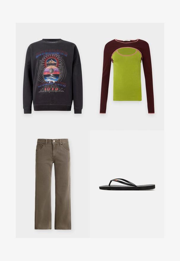 Sort sweatshirt med et grafisk design, der har teksten "BILLABONG WORLD TOUR 1973", bjerge og himmelske elementer i flere farver.; Langærmet skjorte med en grøn krop og bordeaux ærmer, med et udskåret design og lyserød kant rundt om halsudskæringen og udskæringskanten.; Brune straight-leg denimbukser med knap- og lynlåslukning foran, bæltestropper og forlommer mod en ensfarvet baggrund.; Sort flip-flop med flad sål, der har tynde remme og struktureret inderside. Lille logo detalje på remmen. Enkelt, minimalistisk design.