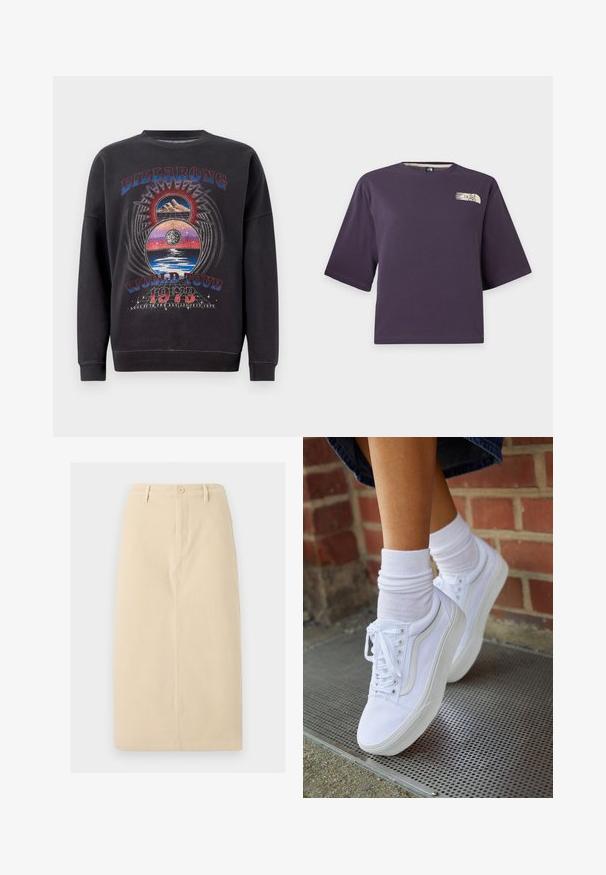 Schwarzer Kapuzenpullover mit einem Grafikdesign, das den Text "BILLABONG WORLD TOUR 1973", Berge und himmlische Elemente in mehreren Farben zeigt.; Lila kurzärmeliges Cropped-T-Shirt mit kleinem beigem The North Face-Logo auf der oberen linken Brust.; Beige, knielanger Rock aus einem robusten Stoff, mit einer Knopfverschluss vorne und dezenten vertikalen Nahtdetails.; Weiße Leinensneaker mit Gummisohlen, ausgestattet mit sechs Ösen, runder Zehenpartie und dezenten Nähten, kombiniert mit weißen Knöchelsocken.