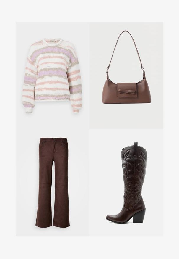 Pull en maille douce, motif rayé dans des tons pastel de rose, violet et beige, avec un col rond et des poignets côtelés.; Pantalons évasés marron en tissu doux semblable à du daim. Comprend quatre poches, une fermeture à bouton et une surface lisse et texturée.; Botte de cowboy haute en cuir marron foncé avec motifs décoratifs cousus, bout pointu et talon bloc empilé.; Sac à bandoulière en cuir marron avec une poche à rabat avant ornée d'un détail en forme de nœud cousu et une sangle réglable.
