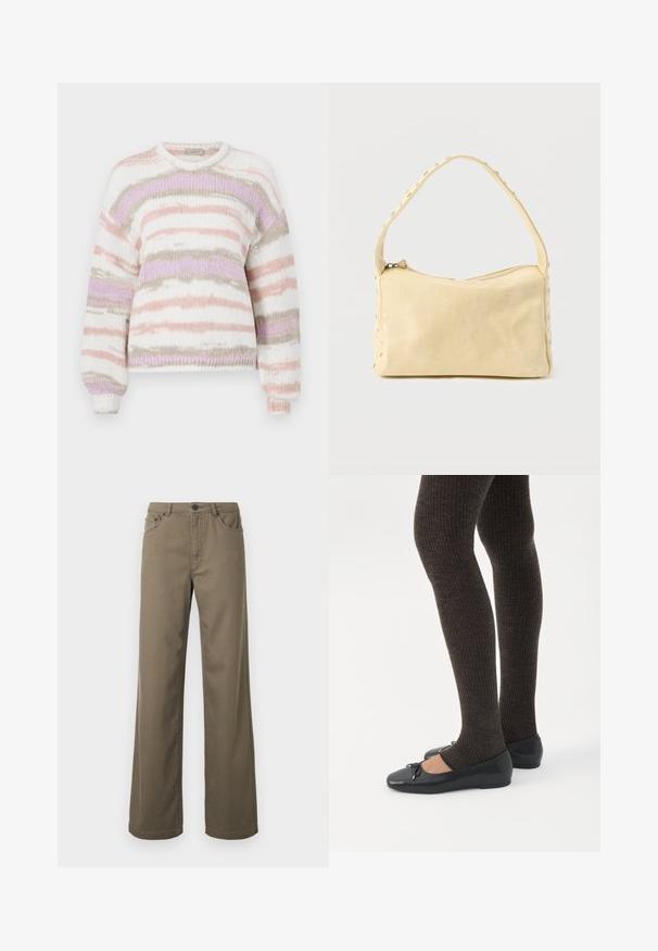 Pull en maille douce, motif rayé dans des tons pastel de rose, violet et beige, avec un col rond et des poignets côtelés.; Pantalon à jambes larges en coton vert olive, doté d'une fermeture à boutons, de passants pour ceinture, et d'un design à cinq poches avec une texture lisse et durable.; Jambes portant des leggings côtelés foncés associés à des ballerines noires avec de petits détails en nœud sur fond blanc.; Petit sac à main en cuir beige avec une seule bandoulière et des clous argentés le long des bords et de la bandoulière, posé sur un fond uni.