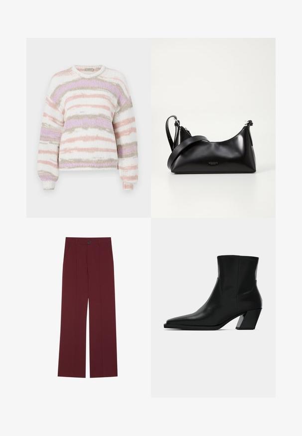 Pull en maille douce, motif rayé dans des tons pastel de rose, violet et beige, avec un col rond et des poignets côtelés.; Pantalons bordeaux avec une coupe évasée, dotés d'une fermeture à bouton, de deux poches latérales et de détails plissés à l'avant. Texture de tissu lisse.; Bottine en cuir noir avec un bout pointu, une silhouette élégante et un talon carré massif. Texture lisse avec des détails de couture minimalistes.; Sac à main en cuir noir avec une texture lisse. Dispose d'une bandoulière adjustable et d'un design élégant et minimaliste avec une fermeture éclair.