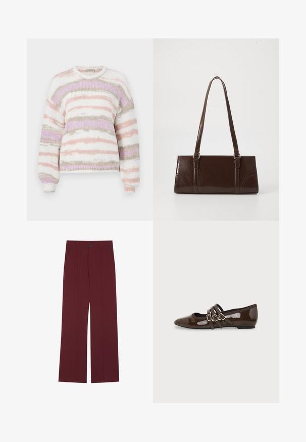 Pull en maille douce, motif rayé dans des tons pastel de rose, violet et beige, avec un col rond et des poignets côtelés.; Pantalons bordeaux avec une coupe évasée, dotés d'une fermeture à bouton, de deux poches latérales et de détails plissés à l'avant. Texture de tissu lisse.; Chaussure plate en cuir verni marron avec bout pointu et trois brides ajustables à boucle sur le côté, vue du profil extérieur.; Sac à main en cuir verni marron de forme rectangulaire, avec deux longues poignées et des accents courbés subtils à l'avant.