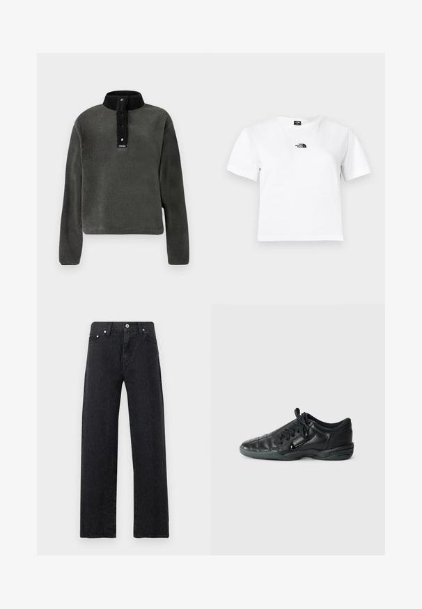 Sudadera de polar verde oscuro con un alto cuello negro, que cuenta con una lengüeta de botones a presión y un tejido texturizado para abrigar.; Camiseta blanca de algodón con mangas cortas, cuello redondo y un logo negro de The North Face en el pecho. Diseño sencillo y sin adornos.; Vaqueros negros de cintura alta y pernera recta con un patrón sutil de estampado de leopardo, cierre frontal con botón, cremallera y diseño de cinco bolsillos.; Zapatilla deportiva de cuero negro con un diseño acolchado, punta redondeada, cordones en la parte delantera y suela de goma. Presenta un sutil logotipo en el lateral.