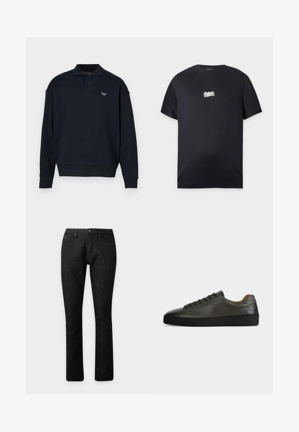 Marineblauer Pullover mit Kragen, langen Ärmeln, gerippten Bündchen und kleinem Logo auf der linken Brust. Weiche Stoffstruktur.; Schwarzes T-Shirt mit kurzen Ärmeln, mit einem kleinen hellblauen Rechteck und weißem Adler-Logo in der Mitte der Brust.; Schwarze gerade geschnittene Jeans mit vorderem Knopf- und Reißverschluss, Gürtelschlaufen und Fünf-Taschen-Design.; Niedriger dunkelgrauer Ledersneaker mit schwarzen Schnürsenkeln und Sohle, minimalistisches Design, Seitenprofil vor einem schlichten hellen Hintergrund.