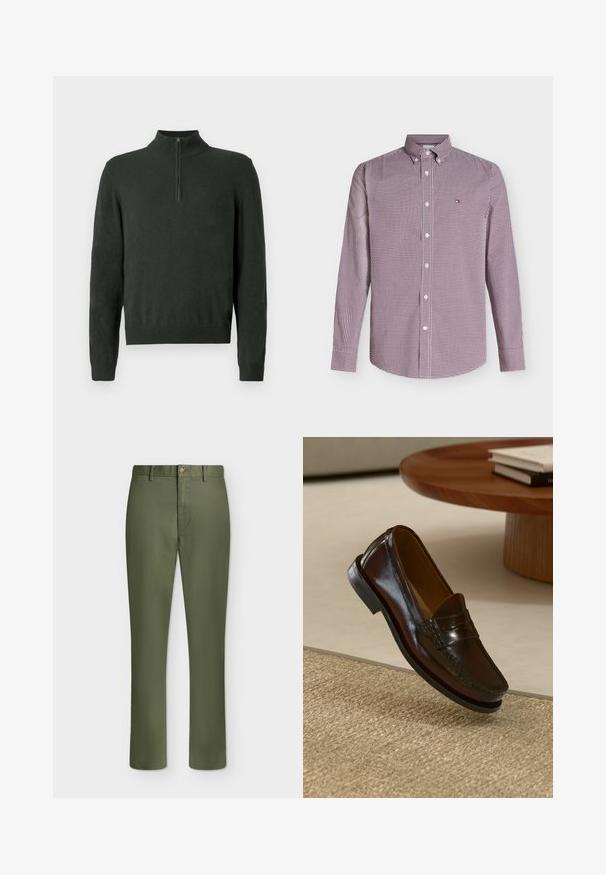 Pull à manches longues vert foncé avec col zippé mi-hauteur et bords côtelés sur un fond uni.; Chemise à manches longues avec petit motif à carreaux rouges et blancs et col boutonné.; Pantalon droit vert olive avec passants de ceinture, fermeture par bouton et fermeture éclair dissimulée à l’avant sur un fond clair uni.; Mocassins en cuir marron au fini brillant, avec un détail cousu sur le devant et une semelle en caoutchouc noir à profil bas.