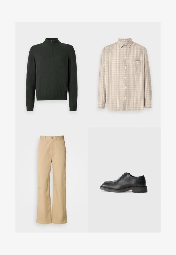 Mørkegrøn langærmet sweater med halv lynlås krave og ribbede manchetter samt kant på en ensfarvet baggrund.; Button-up skjorte i lys beige, med et ternet mønster, lange ærmer, en brystlomme og et almindeligt kravedesign.; Beige, vidde bukser lavet af en bomuldsblanding. Har en knaplukning og bæltestropper. Glat tekstur med minimale syninger.; Sorte lædersko med glat tekstur, rund tå og lav, præget syning. Tykk gummisål med let hæl og skridsikker mønster.