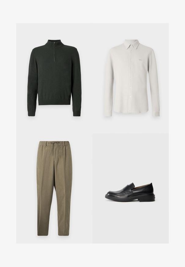 Mørkegrøn langærmet sweater med halv lynlås krave og ribbede manchetter samt kant på en ensfarvet baggrund.; Lysegrå skjorte med knapper foran, tekstureret stof, krave og lange ærmer; har et diskret "BOSS"-logo på brystet.; Taupe kordfløjspants med elastisk bælteløkker, bæltestropper og snor, lige benudskæring mod en helt hvid baggrund.; Sorte læder slip-on dress sko med lav hæl og subtil Calvin Klein logo på siden, vist i profil på en hvid baggrund.