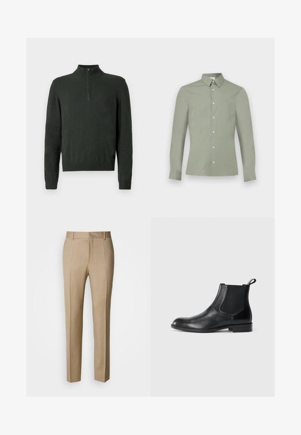 Pull à manches longues vert foncé avec col zippé mi-hauteur et bords côtelés sur un fond uni.; Chemise à manches longues vert clair avec col boutonné et boutons blancs, présentée sur un fond blanc uni.; Pantalon beige sur mesure en tissu texturé, à front plat et jambes droites. Comprend des poches latérales et des passants pour ceinture, offrant un look élégant.; Bottine en cuir noir avec des panneaux latéraux élastiques, bout rond et tirette. Texture lisse, semelle plate, design minimaliste.