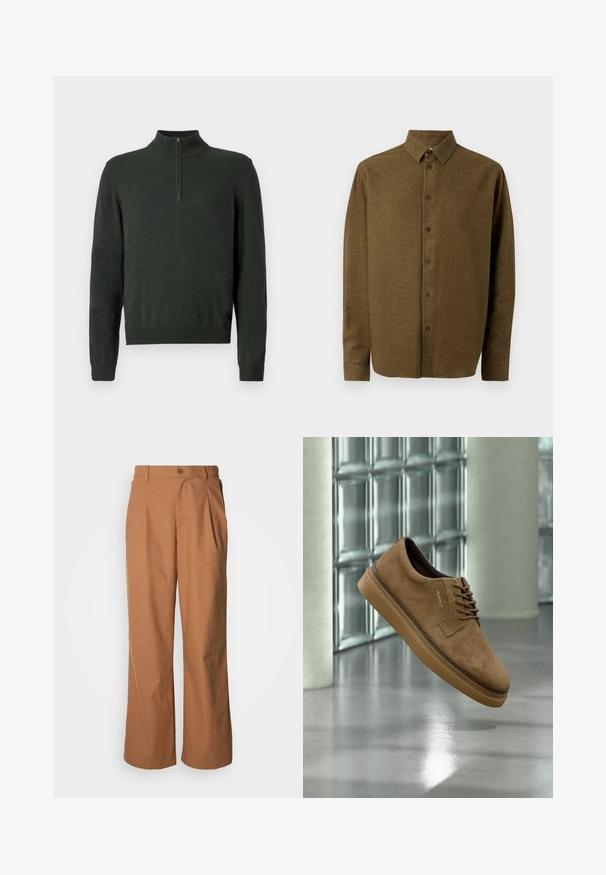 Dunkelgrüner Langarm-Pullover mit halbem Reißverschlusskragen sowie gerippten Bündchen und Saum auf einem schlichten Hintergrund.; Langärmliges Hemd in Olivgrün mit einem Button-Down-Kragen, vorderen Knöpfen und einem dezenten Logo auf der Brust. Der Stoff wirkt strukturiert.; Weit geschnittene Hosen aus warmbraunem Stoff, mit einer vorderen Knopfverschluss, dezenten Falten und geradem Schnitt für eine entspannte Passform.; Brauner Wildleder-Casual-Schnürschuh mit Gummisohle, gezeigt schwebend über poliertem Betonboden nahe einer Glassteinmauer und einer Säule.