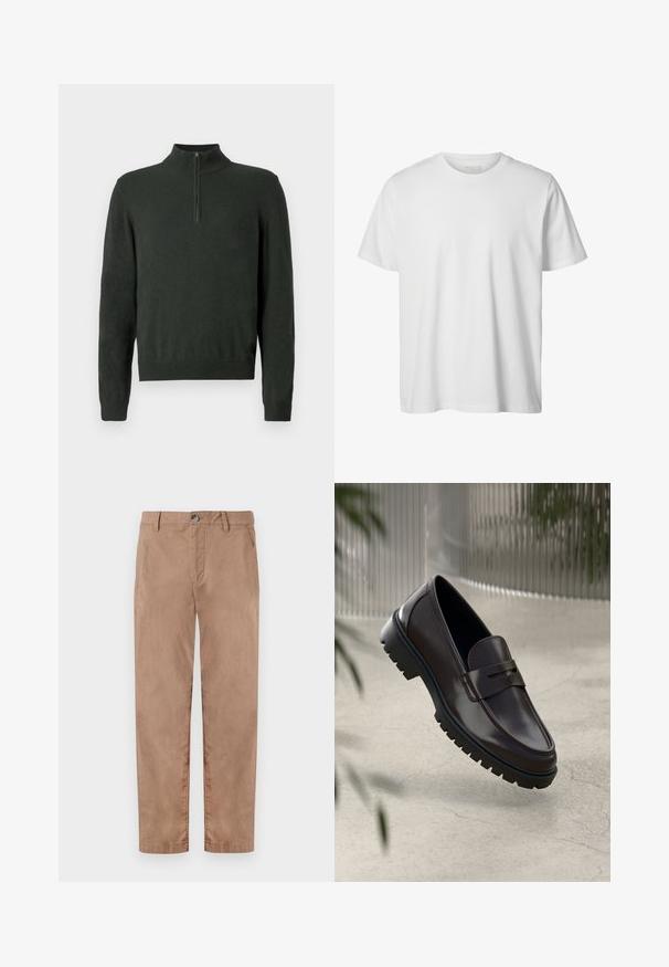 Dunkelgrüner Langarm-Pullover mit halbem Reißverschlusskragen sowie gerippten Bündchen und Saum auf einem schlichten Hintergrund.; Schlichtes weißes T-Shirt mit kurzen Ärmeln und Rundhalsausschnitt, lässiger Passform und ohne sichtbare Logos oder Designs auf der Vorderseite.; TOM TAILOR REGULAR WASHED - Chino - caribou beige; Braune Leder-Loafers mit einer strukturierten, geriffelten Gummisohle. Sie zeichnen sich durch ein schlankes Design und einen dekorativen Riemen über dem Spann aus.