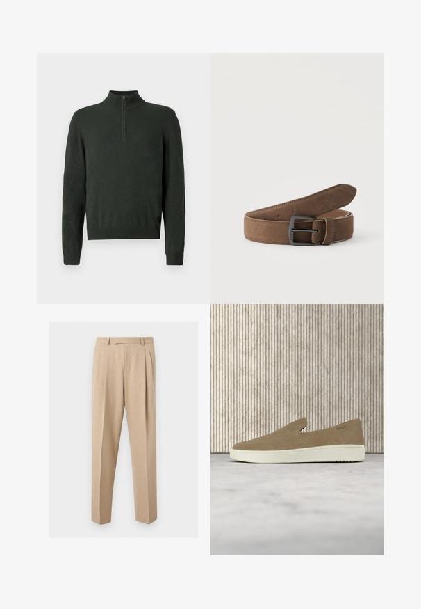 Dunkelgrüner Langarm-Pullover mit halbem Reißverschlusskragen sowie gerippten Bündchen und Saum auf einem schlichten Hintergrund.; Beige maßgeschneiderte Hosen mit vorderen Falten, Gürtelschlaufen und geraden Beinen, vor einem schlichten hellen Hintergrund präsentiert.; Beiger Slipper mit weißer Sohle, in der Luft über einem hellen Teppich schwebend, mit bernsteinfarbenen transparenten Möbeln im Hintergrund.; Brauner Velourledergürtel mit schwarzer Metallschnalle, zusammengerollt auf einfachem hellem Hintergrund.