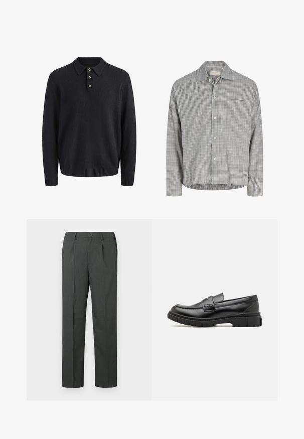 Mørkeblå langærmet strikket sweater med krave og tre knapper ned foran.; Hvid langærmet skjorte med knapper og sort ternet mønster og spids krave, lagt fladt på en lys baggrund.; Grå skræddersyede bukser med flad front, lige ben design og enkelt knaplukning, lavet af et letvægtsstof.; Sort læder loafersko med en bred rem over forfoden, gummisål med tykke mønstre og glat overflade. Klassisk, slankt design.