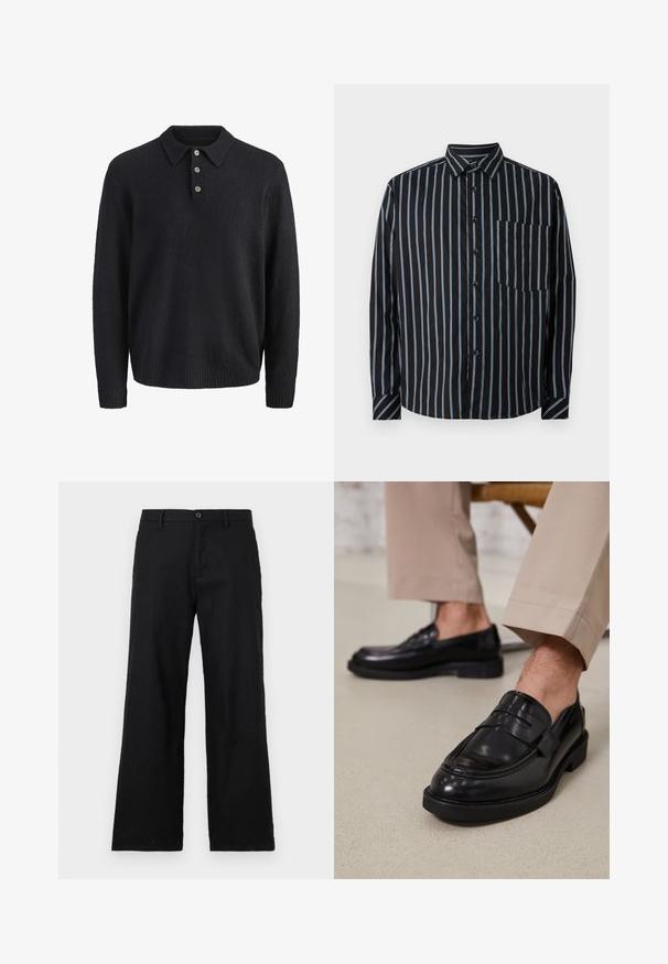 Mørkeblå langærmet strikket sweater med krave og tre knapper ned foran.; Sort button-up skjorte med blå lodrette striber, lange ærmer, krave og en brystlomme. Glat stof, afslappet pasform, standard knapper.; Sorte straight-leg bukser lavet af bomuld, med knaplukning og bæltestropper. Glat tekstur uden synlige mønstre eller accenter.; Sorte lædermokkasiner med en glat overflade, der har en dekorativ rem og kontraststing, parret med beige bukser.