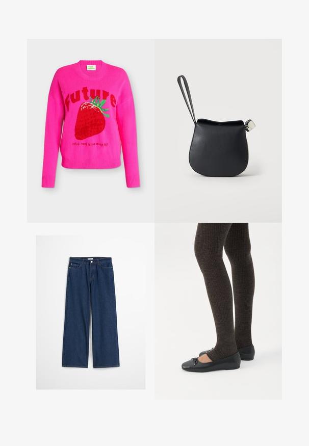Pull rose vif avec un grand motif fraise rouge, texte « Future » au-dessus et texte « Drink fresh juices every day » en dessous de la fraise.; Jean large bleu foncé à taille haute, en denim. Comprend des poches avant, des passants pour ceinture, et une fermeture par bouton. Design classique.; Jambes portant des leggings côtelés foncés associés à des ballerines noires avec de petits détails en nœud sur fond blanc.; Pochette en cuir noir pour poignet avec base arrondie et fermoir argenté sur fond blanc uni.