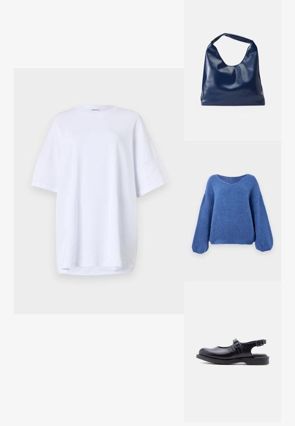 Jersey azul de punto con escote en V, mangas largas de globo y un patrón texturizado. Tejido suave con un corte relajado, que cuenta con puños acanalados.; Camiseta blanca de algodón de manga corta y corte oversize. Cuello redondo, aberturas laterales en el dobladillo y textura suave sin patrones o acentos visibles.; Zapato estilo Mary Jane de cuero negro con dos correas ajustables con hebilla y una suela gruesa de goma ranurada.; Bolso de hombro de imitación cuero azul marino con una textura suave y brillante, cuerpo redondeado y un único asa ancha para un fácil transporte.