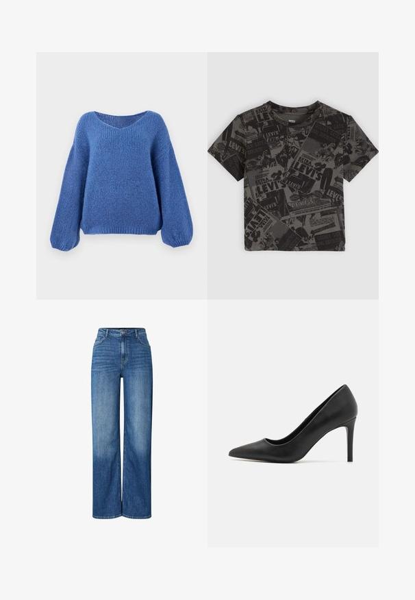 Jersey azul de punto con escote en V, mangas largas de globo y un patrón texturizado. Tejido suave con un corte relajado, que cuenta con puños acanalados.; Camiseta gris con un collage de anuncios vintage en blanco y negro. Mangas cortas, cuello redondo, confeccionada en algodón con una textura suave.; Jeans de mezclilla azul de pierna ancha con cintura alta, que presentan áreas desgastadas, diseño tradicional de cinco bolsillos y cierre de botón en la parte frontal.; Zapato de tacón alto negro con punta afilada, hecho de cuero suave, con un diseño elegante y un tacón delgado y cilíndrico.