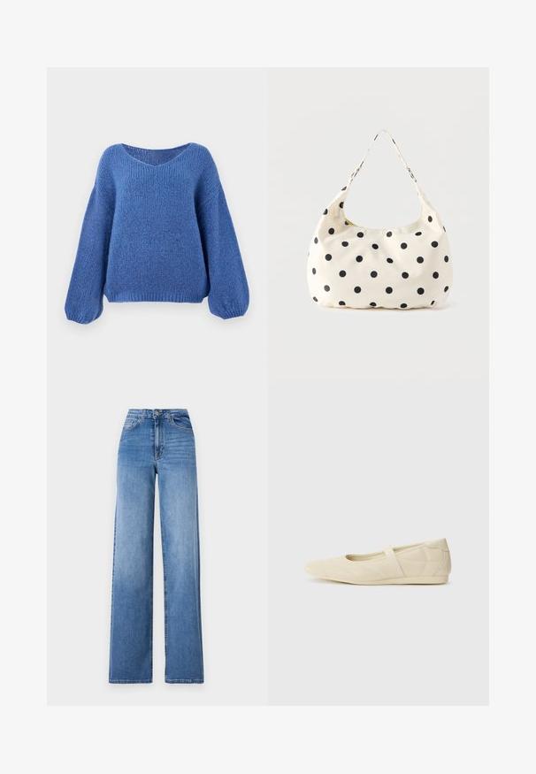 Blå strikket sweater med v-hals, lange ballonærmer og et struktureret mønster. Blødt stof med en afslappet pasform, der har ribbede manchetter.; Lyseblå vide denimbukser med høj talje, frontlommer og standard knaplukning. Glat tekstur.; Lysebrune ballet flats med en glat læderoverflade, mandelformet tå og elastisk rem over vristen, med diskrete syninger.; Håndtaske i cremefarvet stof med sorte polkaprikker og en enkelt skulderrem, vist mod en ensfarvet hvid baggrund.