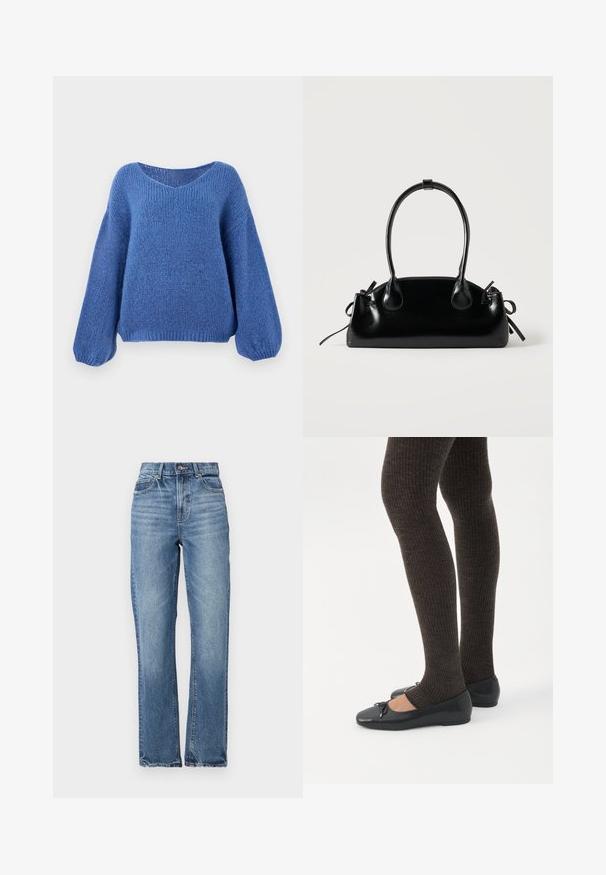 Pull en laine bleu avec un col en V, des manches longues bouffantes et un motif texturé. Tissu doux avec une coupe décontractée, doté de poignets côtelés.; Jean en denim bleu clair avec taille haute, coupe droite, peu d'effritement et style classique à cinq poches. Fermeture à bouton en bronze.; Jambes portant des leggings côtelés foncés associés à des ballerines noires avec de petits détails en nœud sur fond blanc.; Petit sac à main noir brillant avec deux longues anses et des détails à cordon sur les côtés sur un fond clair uni.