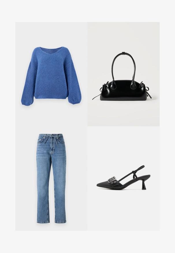 Blå strikket sweater med v-hals, lange ballonærmer og et struktureret mønster. Blødt stof med en afslappet pasform, der har ribbede manchetter.; Lyseblå denimjeans med lige pasform, høj talje, der har en frontsløjfe og klassisk fem-lomme design. Struktureret overflade med subtile falmninger.; Simmi London DALA - Pumps - black; Lille sort blank håndtaske med to lange håndtag og snøre-detaljer i siden på en ensfarvet lys baggrund.