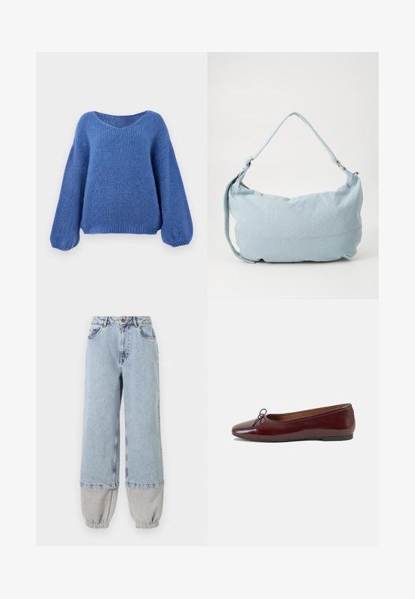 Jersey azul de punto con escote en V, mangas largas de globo y un patrón texturizado. Tejido suave con un corte relajado, que cuenta con puños acanalados.; Pantalones de mezclilla azul claro con un corte holgado, que cuentan con puños de algodón gris en la parte inferior y bolsillos estándar. Diseño clásico de cinco bolsillos.; Bailarina de charol burdeos con punta redonda, pequeño lazo en la parte frontal y una suela baja de goma negra. Textura suave.; Bolso de hombro de denim azul claro con forma redondeada, correa ajustable y un sutil detalle de costura en el borde inferior. Textura suave.