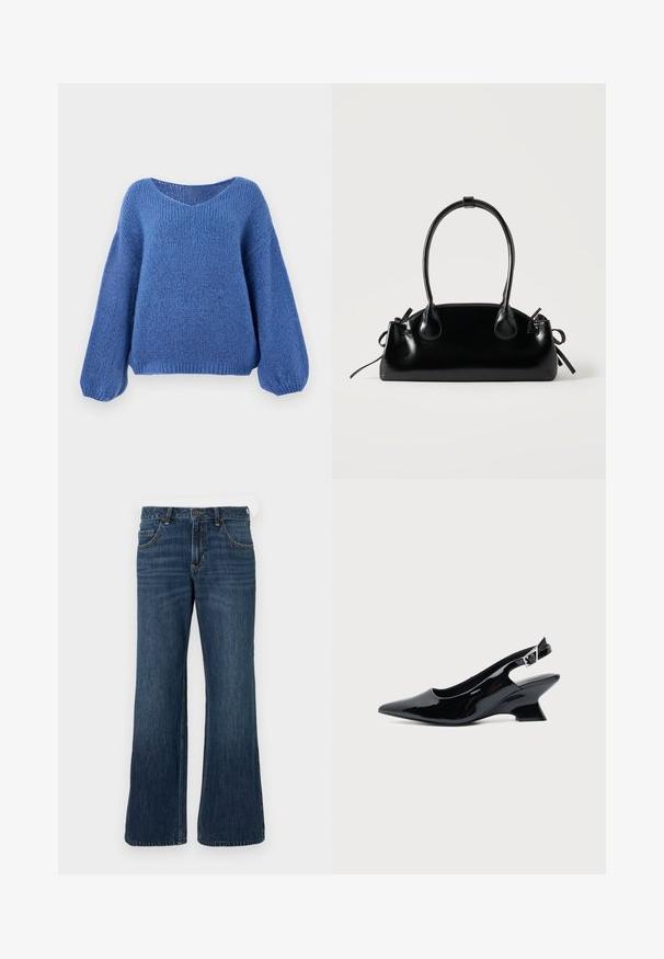Blå strikket sweater med v-hals, lange ballonærmer og et struktureret mønster. Blødt stof med en afslappet pasform, der har ribbede manchetter.; Mørkeblå jeans med vide ben og klassisk design med fem lommer, der har knaplukning og diskret falming. Fremstillet af denimstof.; Sort laklæder slingback sko med spids tå og lav vinklet blokhæl på ensartet lys baggrund.; Lille sort blank håndtaske med to lange håndtag og snøre-detaljer i siden på en ensfarvet lys baggrund.