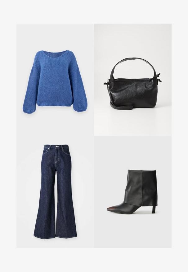 Blå strikket sweater med v-hals, lange ballonærmer og et struktureret mønster. Blødt stof med en afslappet pasform, der har ribbede manchetter.; Mørke denim flared jeans med høj talje, der har knap- og lynlåslukning. Hvide syninger og brede ben skaber en struktureret silhuet.; Sort ankelstøvle lavet af glat læder med spids tå og tilspidset hæl. Overdelen har et let rynket design.; Sort læderhåndtaske med et struktureret design, rund tophåndtag og aftagelig skulderrem. Den har en glat tekstur og en subtil glans.