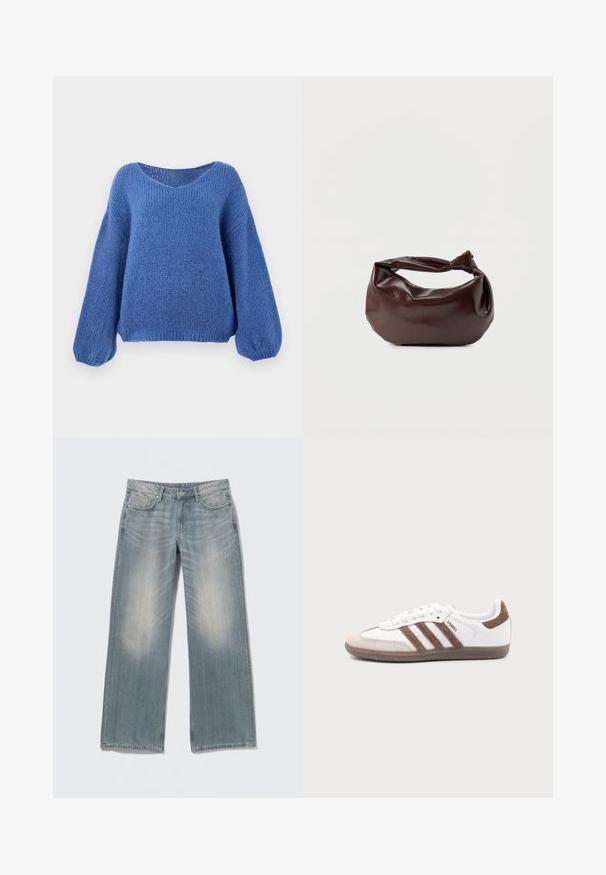 Blå strikket sweater med v-hals, lange ballonærmer og et struktureret mønster. Blødt stof med en afslappet pasform, der har ribbede manchetter.; Lyseblå jeans med vide ben og falmet finish, lavet af denim. Har bæltestropper, forlommer og lynlås med knaplukning.; Hvid Adidas Samba sneaker med brune ruskindstriber, brun gummisål og beige ruskindståhætte, vist fra ydersiden på en ensfarvet baggrund.; Mørkebrun læder skuldertaske med en blød, afslappet form og et snoet knudehåndtag på en ensartet hvid baggrund.