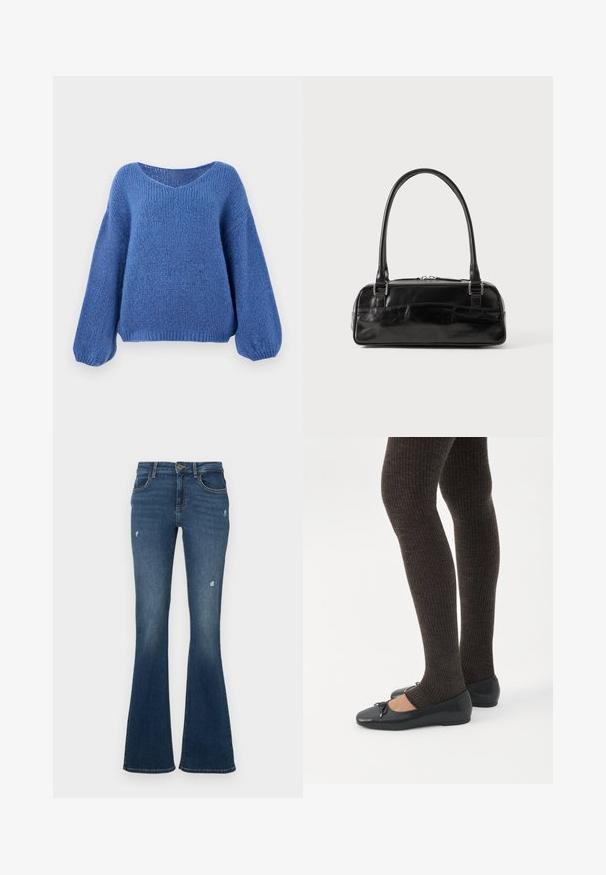 Blå strikket sweater med v-hals, lange ballonærmer og et struktureret mønster. Blødt stof med en afslappet pasform, der har ribbede manchetter.; Flared jeans i mørkeblå denim med slidte områder. Har fem lommer og lynlås foran. Mellemvægtigt stof med en glat tekstur.; Ben iført mørke ribbede leggings kombineret med sorte balletsko med små sløjfedetaljer på hvid baggrund.; Sort læderhåndtaske med rektangulær form, der har et enkelt struktureret håndtag, sølvhardware og lynlås-lukning. Glat tekstur.