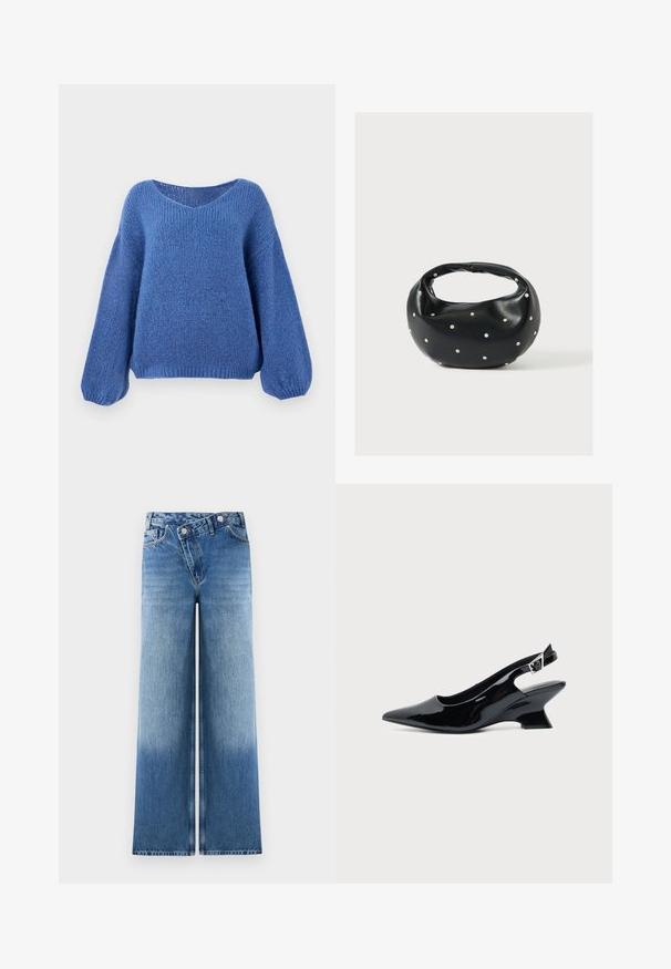 Blå strikket sweater med v-hals, lange ballonærmer og et struktureret mønster. Blødt stof med en afslappet pasform, der har ribbede manchetter.; Lysblå vidde jeans med en falmet vask, der har et klassisk fem-lomme design og metalknap detaljer i taljen.; Sort laklæder slingback sko med spids tå og lav vinklet blokhæl på ensartet lys baggrund.; Sort læderhåndtaske med en rundet form, dekoreret med sølvnitter, og et kort håndtag. Glat tekstur og lynlåslukning.