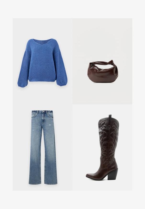 Blå strikket sweater med v-hals, lange ballonærmer og et struktureret mønster. Blødt stof med en afslappet pasform, der har ribbede manchetter.; Lyseblå denimjeans med høj talje, vidde ben, let slid og traditionel fem-lomme struktur.; Høj mørkebrun læder cowboystøvle med syede dekorative mønstre, spids tå og stablet blokhæle.; Mørkebrun læder skuldertaske med en blød, afslappet form og et snoet knudehåndtag på en ensartet hvid baggrund.