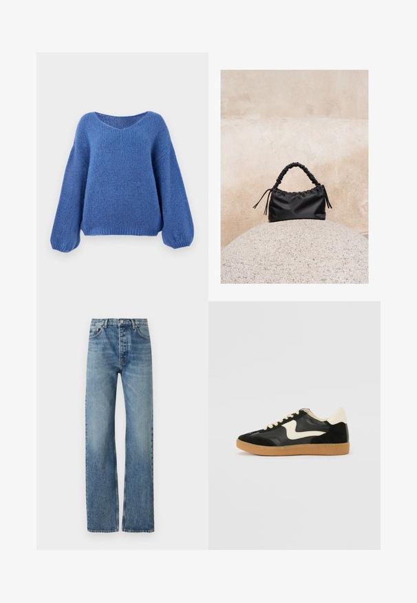 Pull en laine bleu avec un col en V, des manches longues bouffantes et un motif texturé. Tissu doux avec une coupe décontractée, doté de poignets côtelés.; Jean bleu clair taille haute avec un design à jambe droite, en tissu denim. Caractéristiques classiques avec cinq poches et quincaillerie en argent.; Baskets en daim et cuir noir avec un swoosh latéral crème et un talon crème clair. Dotées de lacets beige et d'une semelle en caoutchouc gomme.; Sac à main noir froncé avec une poignée froncée, posé sur une sphère en pierre texturée devant un mur en béton beige.