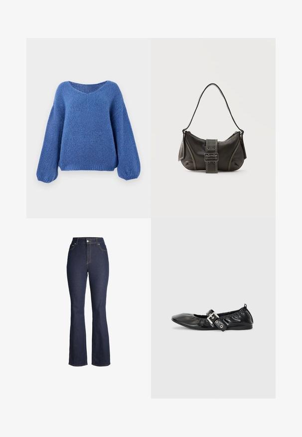 Blå strikket sweater med v-hals, lange ballonærmer og et struktureret mønster. Blødt stof med en afslappet pasform, der har ribbede manchetter.; Mørkeblå højhellige denim jeans med knap og lynlås foran, forlommer og let udvidede ben.; Sorte læder flade sko med spids tå, samling detaljer omkring åbningen, og en sølv spænde accent på den justerbare rem.; Sort læder skuldertaske med spænde på remmen, afrundede kanter og kontrasterende hvide syninger på en ensfarvet baggrund.