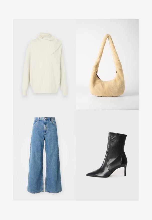 Pull en tricot côtelé crème avec un col asymétrique drapé et des manches longues, offrant une coupe décontractée et une texture douce.; Jean en denim léger bleu clair à taille haute, avec fermeture à boutons et à glissière à l'avant, et poches avant sur fond blanc.; Bottes noires à la cheville en cuir lisse, dotées d'un bout pointu, d'un tige ajustée et d'un talon haut fin. Design minimaliste sans quincaillerie visible.; Sac à épaule en shearling beige avec une poignée incurvée et une forme arrondie. La texture est douce et pelucheuse, avec des accents matériels minimaux.